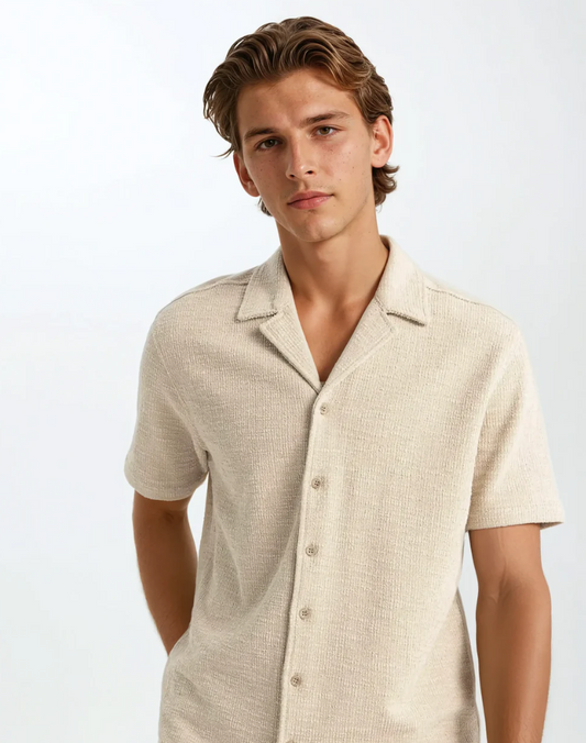 Men's Shirt Beige Cotton Waffle Short Sleeve Casual Relaxed Fit